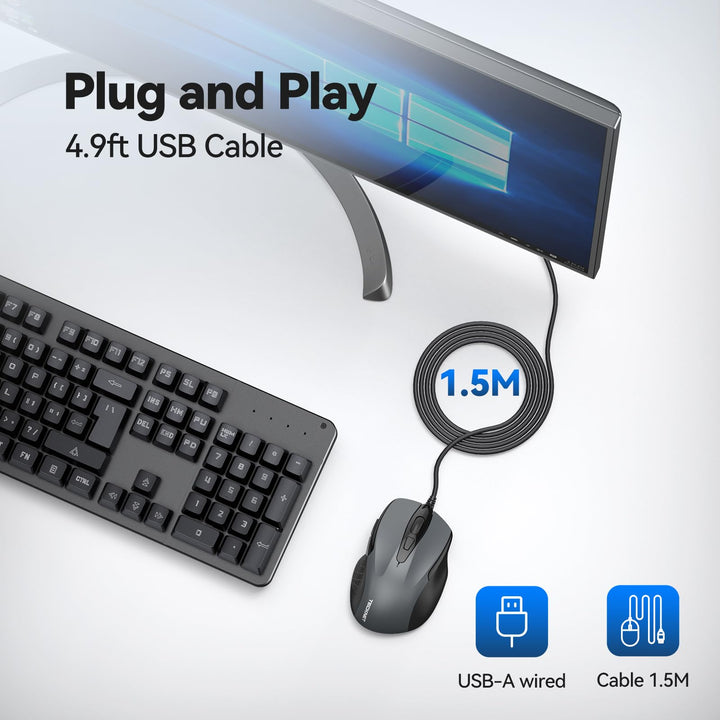 USB Wired Mouse, 6-Button Corded Mouse with 4 Adjustable DPI, Optical Computer Mouse with Ergonomic Design and 5FT Cord for Laptop, Chromebook, PC, Desktop, Mac, Notebook-Gray