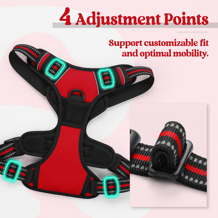 Dog Harness No Pull with 2 Leash Clips, Adjustable Soft Padded, Reflective Oxford No Choke Pet Vest with Easy Control Handle for Large Dogs, Red, L