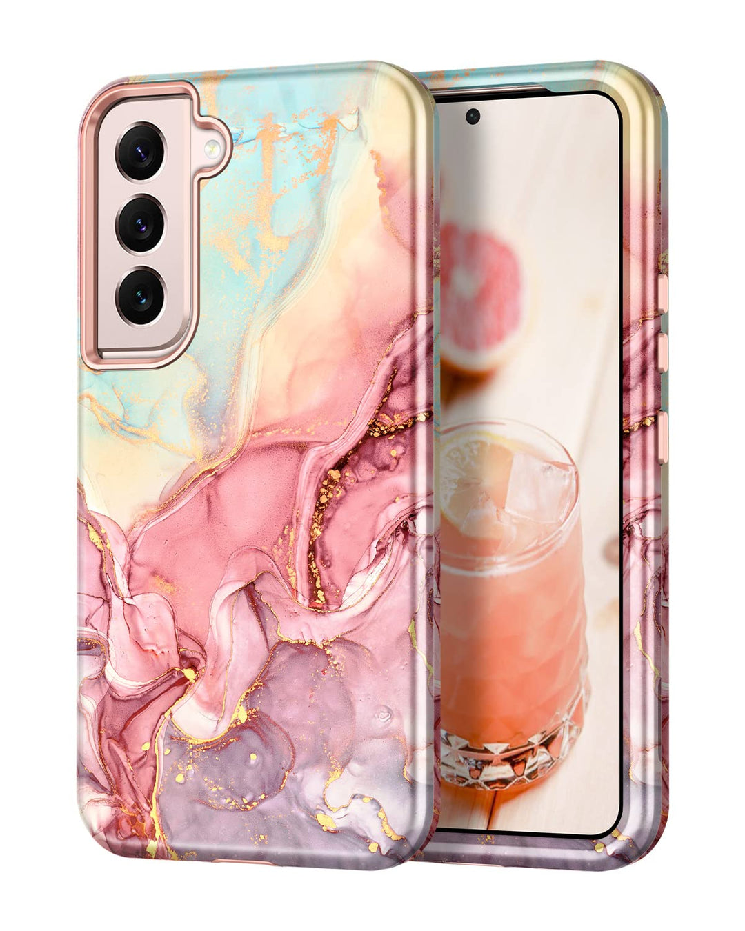 for Samsung Galaxy S22 5G 6.1 Inch Case,Marble Pattern 3 in 1 Heavy Duty Shockproof Full Body Rugged Hard PC+Soft Silicone Drop Protective Women Girl Cover, Rose Gold
