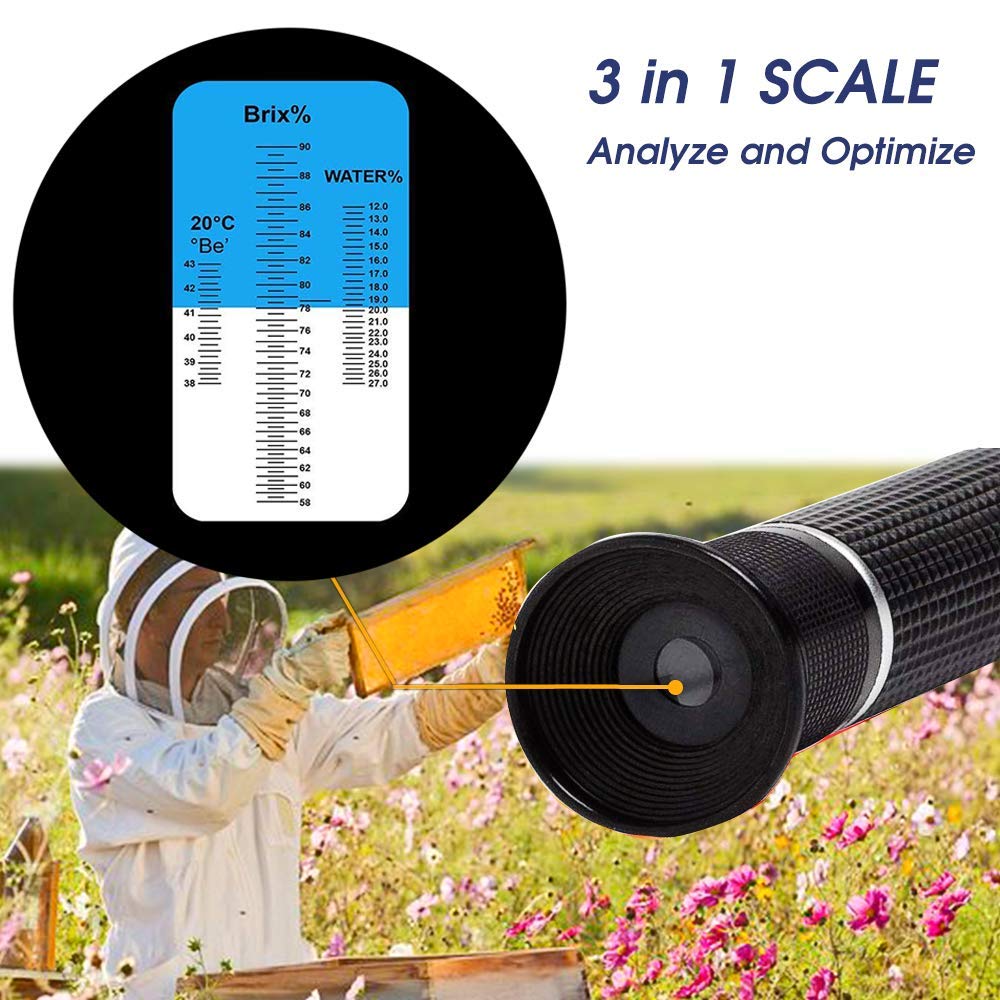 Refractometer Honey 10-32% for Honey Moisture, Brix and Baume, 3-in-1 Uses, 58-90% Brix Scale Range Honey Moisture Tester, with ATC, Ideal for Honey, Maple Syrup, and Molasses, Bee Keeping