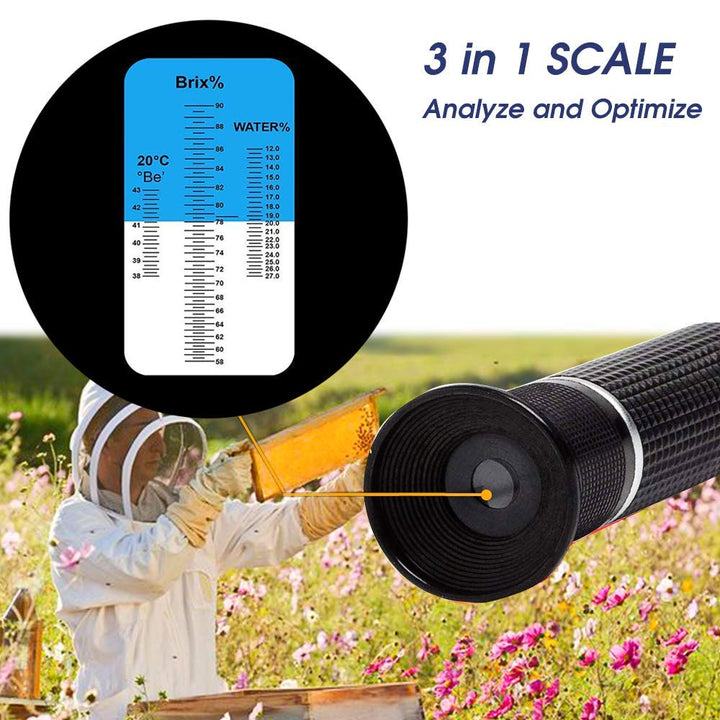 Refractometer Honey 10-32% for Honey Moisture, Brix and Baume, 3-in-1 Uses, 58-90% Brix Scale Range Honey Moisture Tester, with ATC, Ideal for Honey, Maple Syrup, and Molasses, Bee Keeping