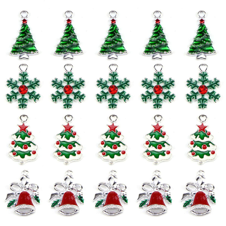 Christmas Tree Snowflake Jingle Bell Enamel Charm Pendant Christmas Theme Collections Jewelry DIY Making Crafting Accessories for Necklace Bracelet Earring(20 Pcs Assorted)