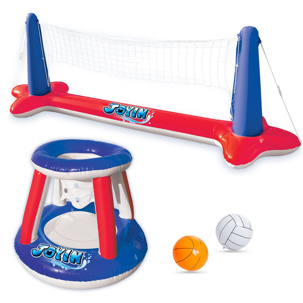 Inflatable Pool Float Set Volleyball Net & Basketball Hoops, Balls Included for Kids and Adults Swimming Game Toy, Summer Floaties, Volleyball Court |Basketball,L-Red