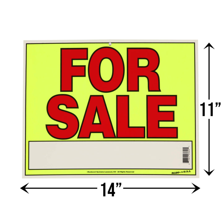 For Sale Sign for Cars, Trucks, Garage Sales, Business Sales 11H x 14W, Red-Yellow-Black