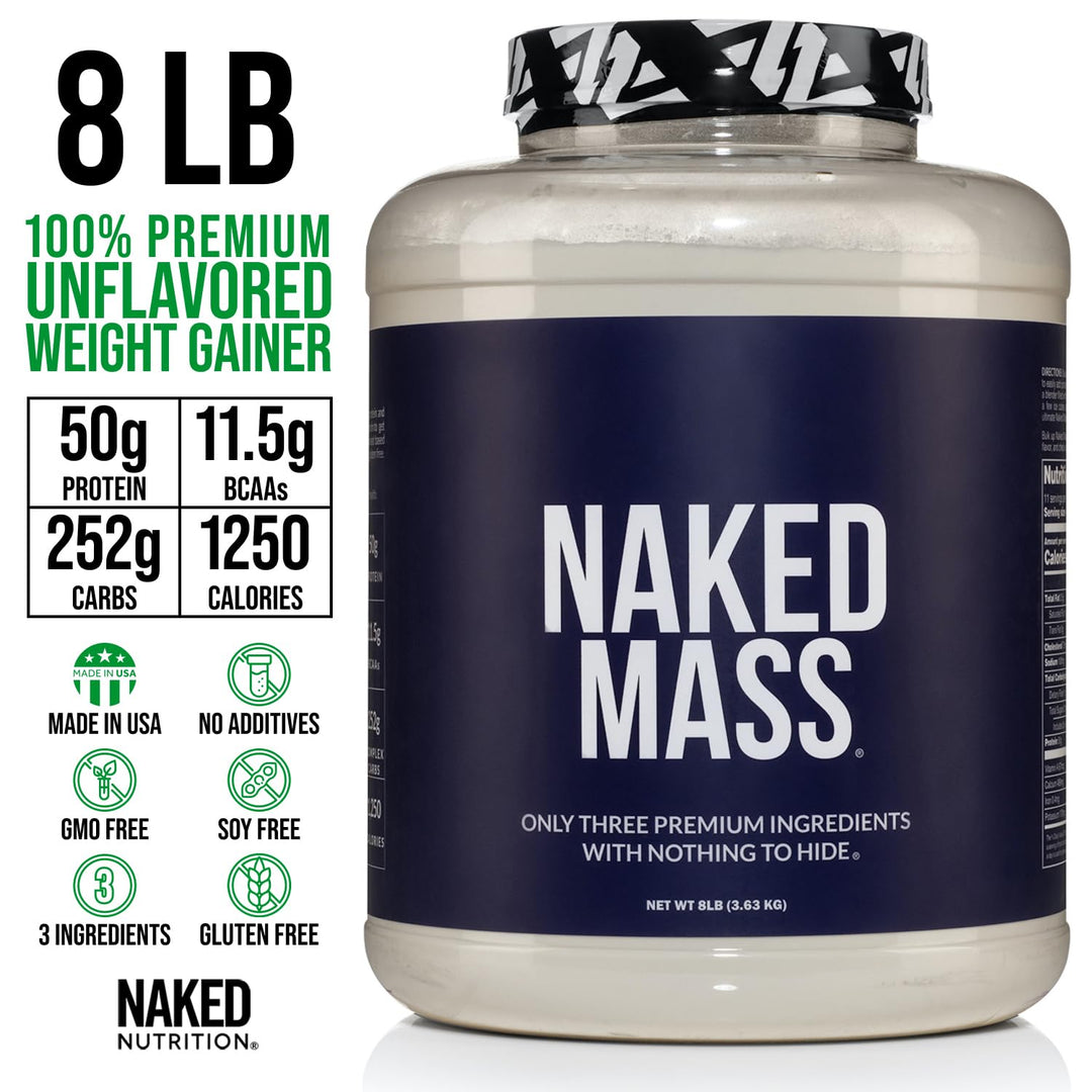 Naked Mass - Natural Weight Gainer Protein Powder - 8 LB Bulk, GMO Free, Gluten Free & Soy Free. No Artificial Ingredients - 1,250 Calories per Serving