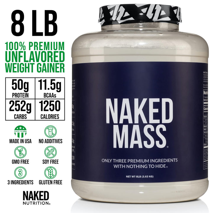 Naked Mass - Natural Weight Gainer Protein Powder - 8 LB Bulk, GMO Free, Gluten Free & Soy Free. No Artificial Ingredients - 1,250 Calories per Serving