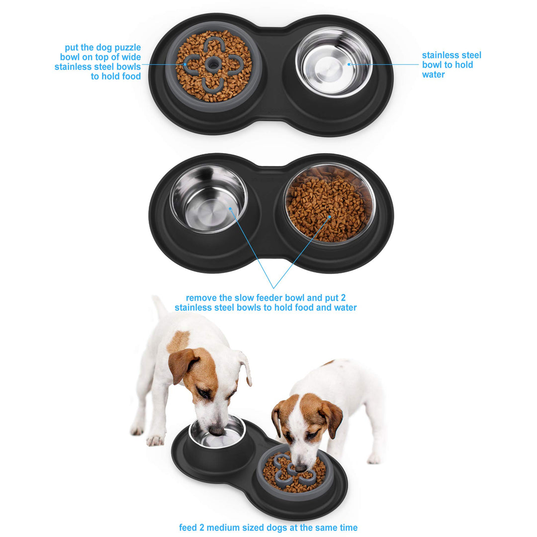 Slow Feeder Dog Bowls,27oz 4-in-1 Food and Water Bowls with No-Spill and Non-Skid Silicone Mat, Stainless Steel Slow Down Eating Puzzle Set for Medium Small Sized Dogs