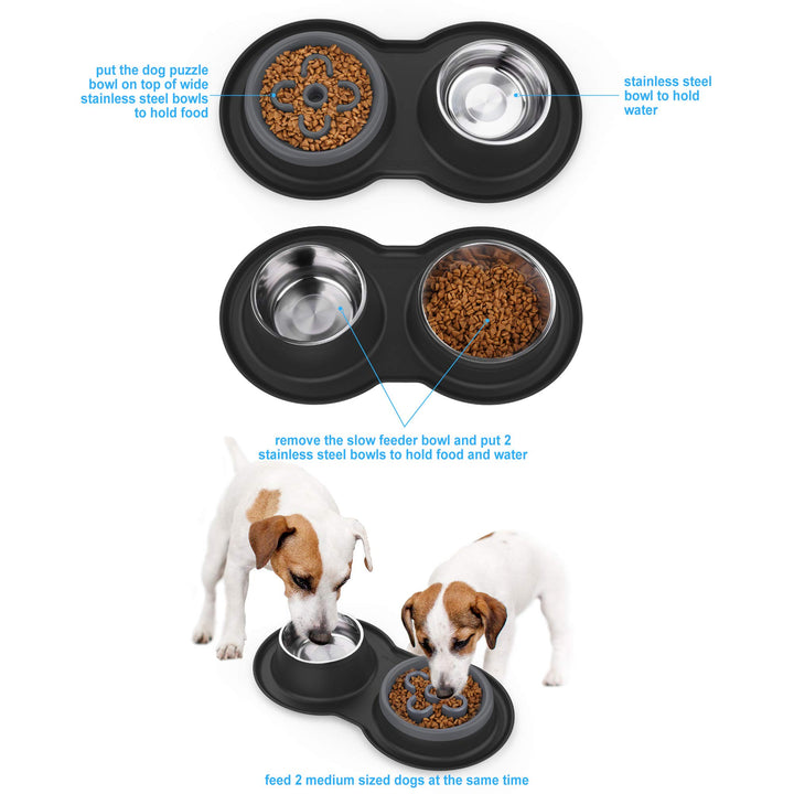 Slow Feeder Dog Bowls,27oz 4-in-1 Food and Water Bowls with No-Spill and Non-Skid Silicone Mat, Stainless Steel Slow Down Eating Puzzle Set for Medium Small Sized Dogs