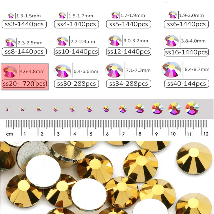 720Pieces SS20 Flatback Rhinestones, 4.8MM Glass Crystal Rhinestones for Craft Nails Dance Costumes, Flat Back Nail Crystals, Non Hotfix Rhinestones (SS20 / 4.8MM, Bright Gold)