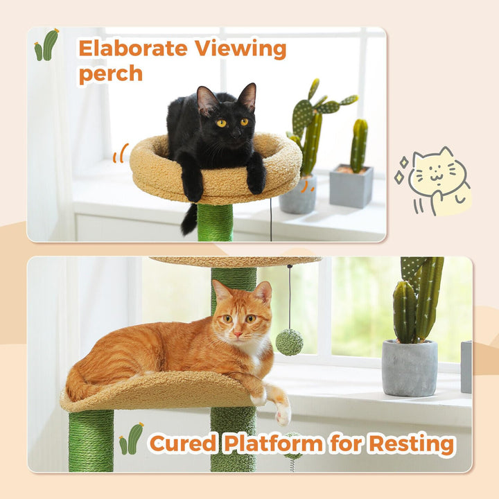 Cactus Cat Tree Small Cat Tower 32” Cat Scratching Post with Curved Perch, Cozy Cat Condo, Removable Padded Top Bed for Kittens and Indoor Cats-Green