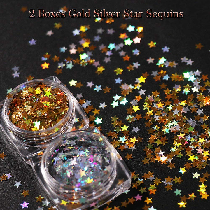 2 Boxes 3D Gold Silver Star Pattern Sequins Nail Art Decals Manicure DIY Decoration Tools