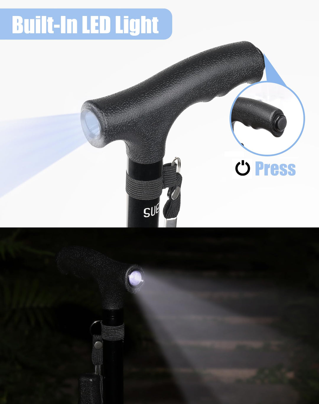 Folding Walking Cane with LED Light for Men and Women, 11 Heights Adjustable, Collapsible Elderly Walking Stick with Side Handle, Black