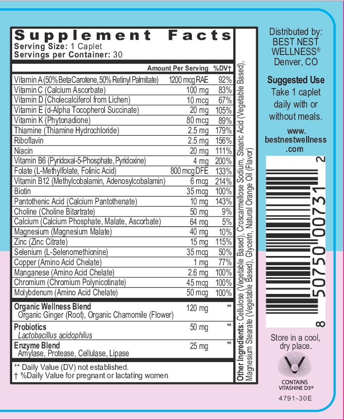 Mama Bird Prenatal Multi Plus Iodine & Iron Free - Prenatal Vitamin for Brain & Digestive Health - Vegan Multivitamin with Methylfolate, Probiotics & More - 30 Caplets