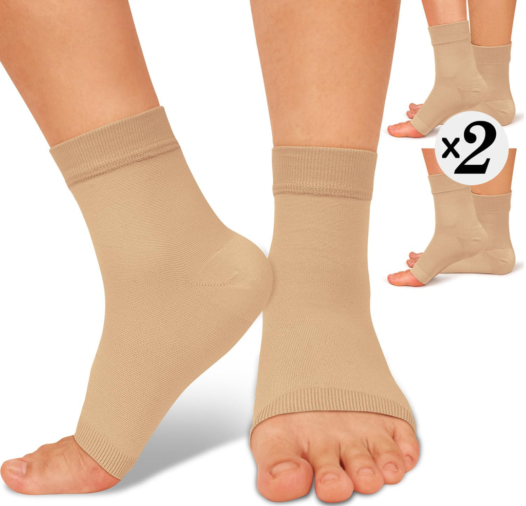 ACTINPUT 2 Pack Ankle Brace Compression Sleeve 8-15 mmHg Open Toe ompression Socks Women&Men for Swelling,Plantar Fasciitis,Sprain Beige S/M