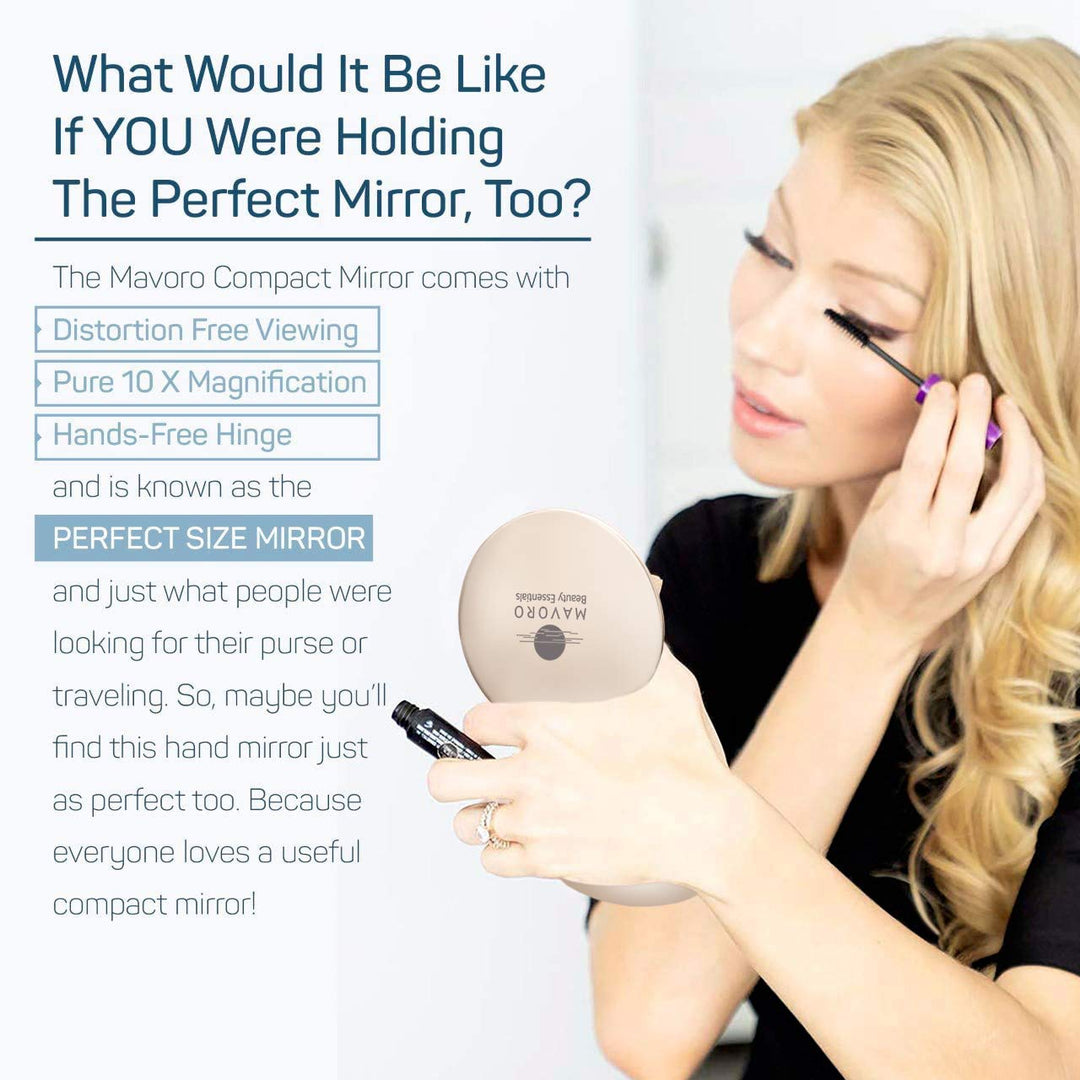 Magnifying Compact Mirror for Purses, 1x/10x Magnification – Double Sided Travel Makeup Mirror, 4 Inch Small Pocket or Purse Mirror. Distortion Free Folding Portable Compact Mirrors (Champagne Gold)