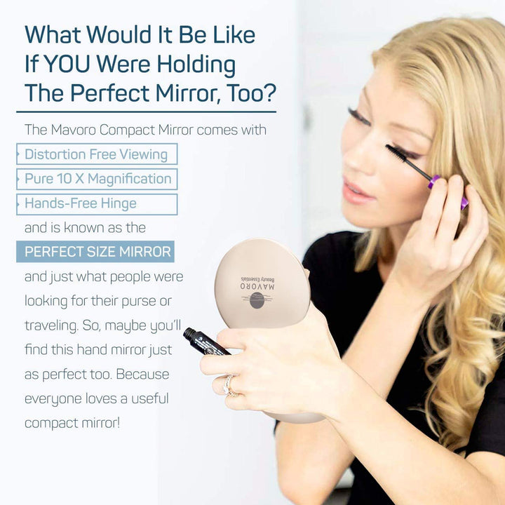 Magnifying Compact Mirror for Purses, 1x/10x Magnification – Double Sided Travel Makeup Mirror, 4 Inch Small Pocket or Purse Mirror. Distortion Free Folding Portable Compact Mirrors (Champagne Gold)