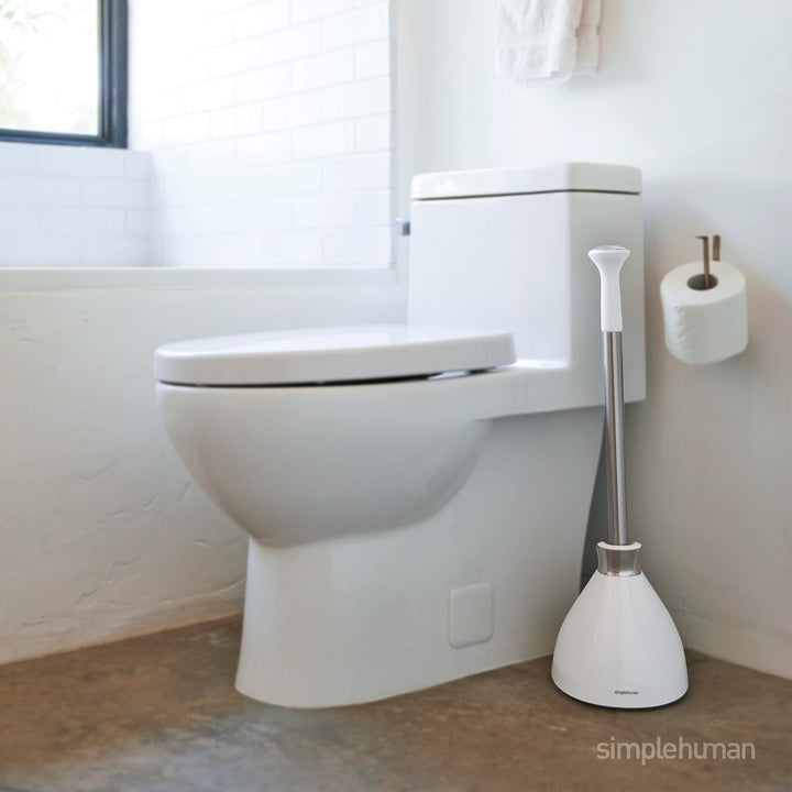 Toilet Plunger and Caddy, Stainless Steel, White
