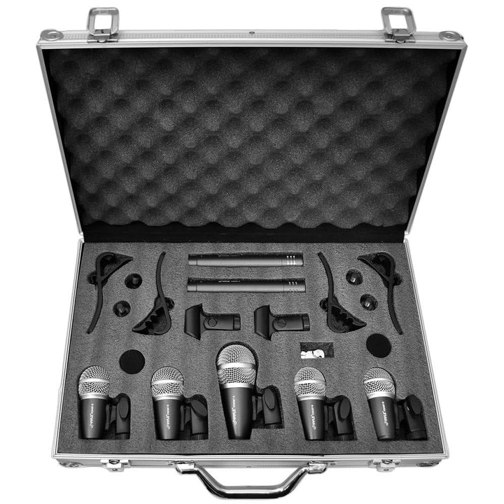 7-Piece Wired Dynamic Kit-Kick Bass, Tom/Snare & Cymbals Microphone Set-for Drums, Vocal, & Other Instrument-Complete with Thread Clip, Inserts, Mics Holder & Case, Black