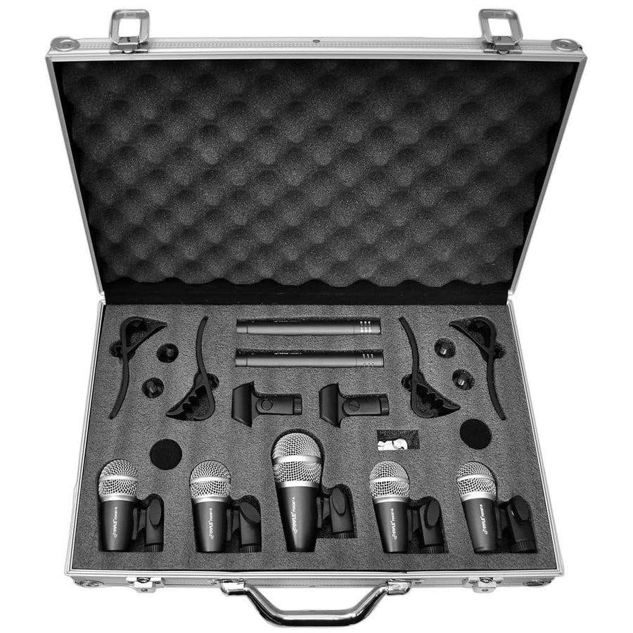 7-Piece Wired Dynamic Kit-Kick Bass, Tom/Snare & Cymbals Microphone Set-for Drums, Vocal, & Other Instrument-Complete with Thread Clip, Inserts, Mics Holder & Case, Black