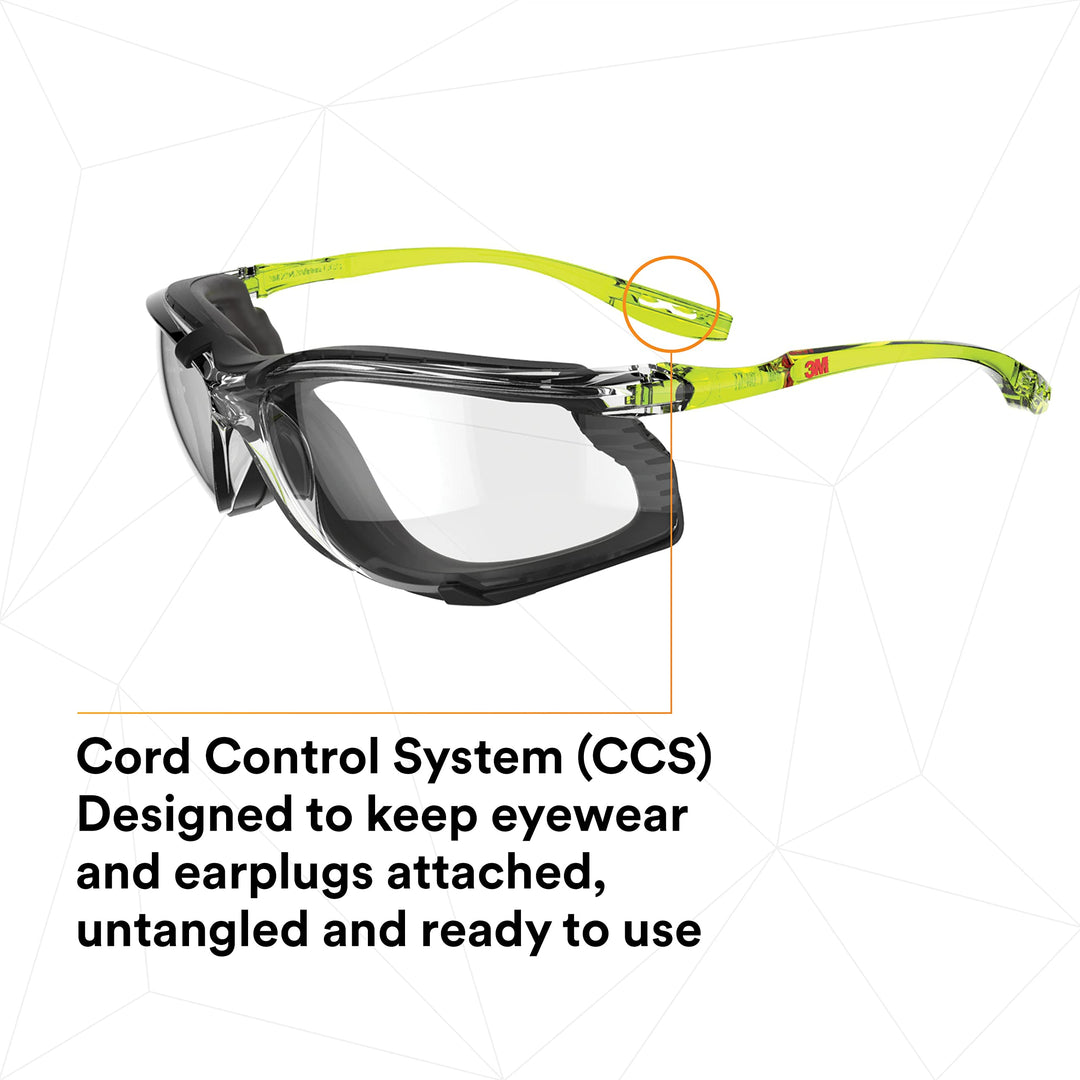 Safety Glasses, Solus CCS Series, Pack of 1, ANSI Z87, Scotchgard Anti-Fog Coating, Clear Lens, Corded Ear Plug Control System, Removable Foam Gasket, SCCS01SGAF-GRN-F