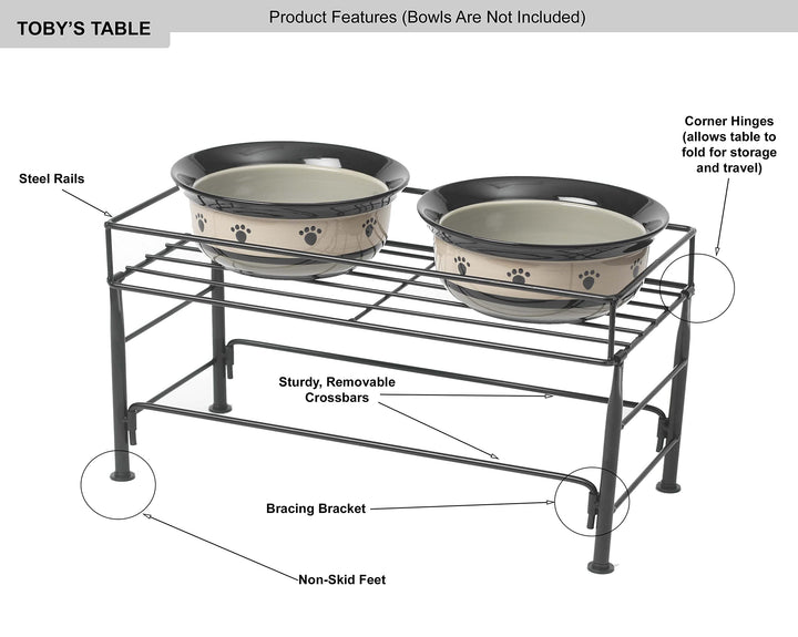 PetRageous 81031 Tobys Set The Table Steel Frame Dog Feeder, 7-Inch Tall by 18-Inch Long and 8.5-Inch Wide, Holds Two 8-Inch Diameter Bowls, for Medium Dogs And Cats, Black