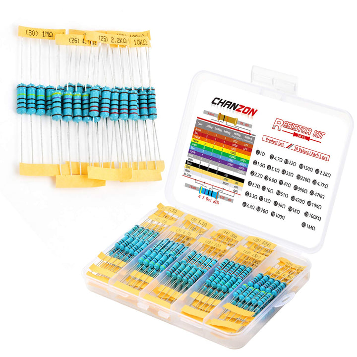 Chanzon 29 Values 2W 1R-1MR O ohm Metal Film Fixed Resistor Kit 150Pcs ±1% Tolerance 0.01 MF Through Hole Resistors Assortment Current Limiting Rohs Certificated