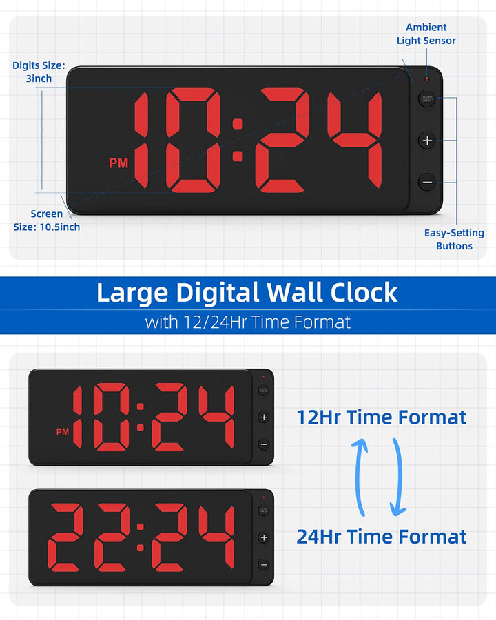 LED Digital Wall Clock with Large Display, Big Digits, Auto-Dimming, 12/24Hr Format, Battery Backup, Silent Wall Clock for Farmhouse, Kitchen, Living Room, Bedroom, Classroom, Office – Red