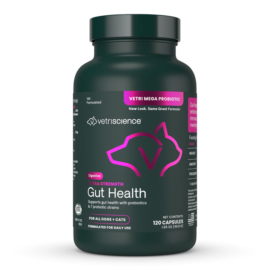 VetriScience Extra Strength Gut Health Probiotic & Prebiotic Digestive Supplements for Dogs & Cats, Gas & Diarrhea & Immune Support, Easy-Open Capsules, 120 Count - New Look
