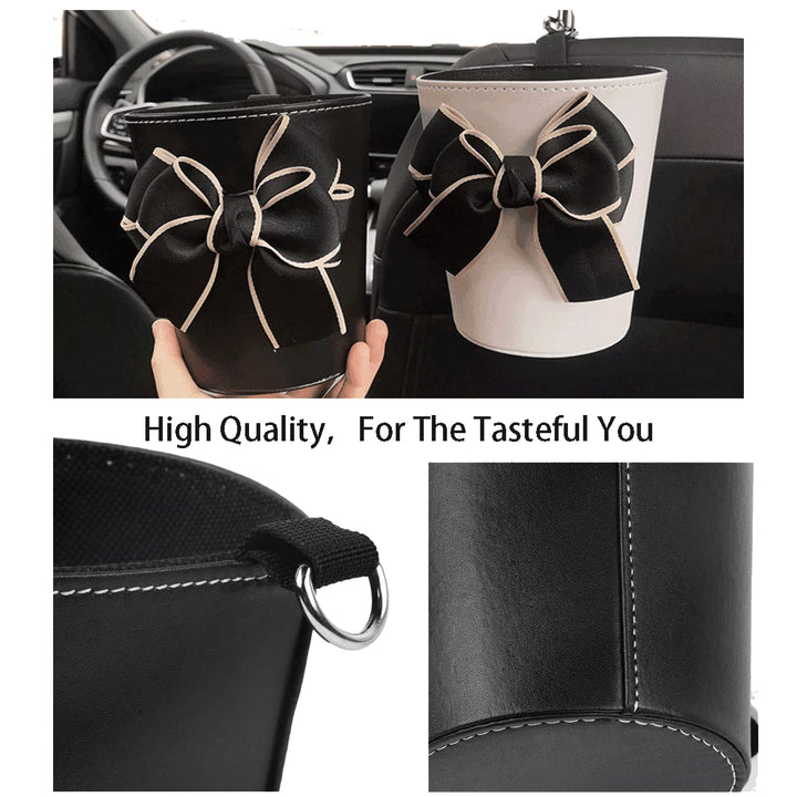 Car Trash Can Cute Accessories For Women Superior PU Leather Flower Art Organizer Gifts girl Bag Hanging Garbage Essentials Bin Carcan (Black)
