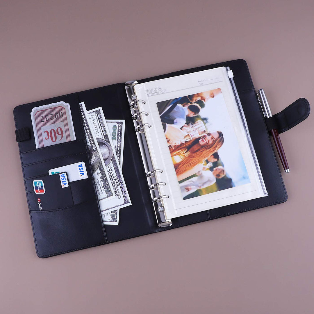 A5 PU Leather Binder 6 Ring Notebook Photocard Budget Binder Cover for A5 Refill Paper, Refillable Loose Leaf Personal Planner Organizer Binder with Magnetic Buckle, Black