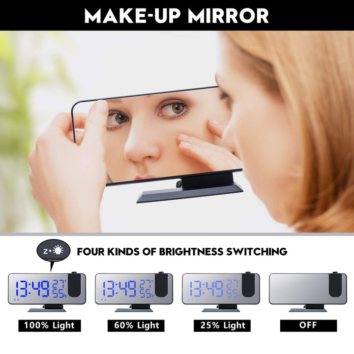 Number-One Projection Digital Alarm Clock for Bedrooms, FM Radio Alarm Clock, 7.5' Dual Alarms with Snooze, USB Charging Port, Temperature & Humidity Display, 180° Rotable, 4 Dimmer, 12/24 Hours