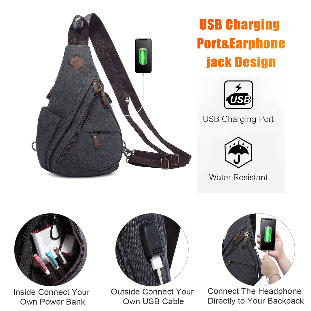 Sling Bag Canvas Crossbody Backpack Genuine Leather Shoulder Bag Casual Daypacks For Men Cycling Hiking Travel