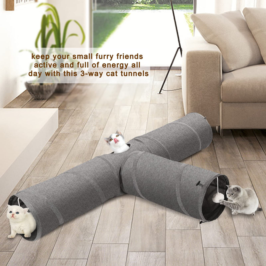 Cat Tunnel, 3 Way Collapsible Kitty Tunnel 47 inch Long Cat Tube with Plush Ball & Feather Toy, Cat Play Tunnel for Indoor Cat, Kitten, Rabbit
