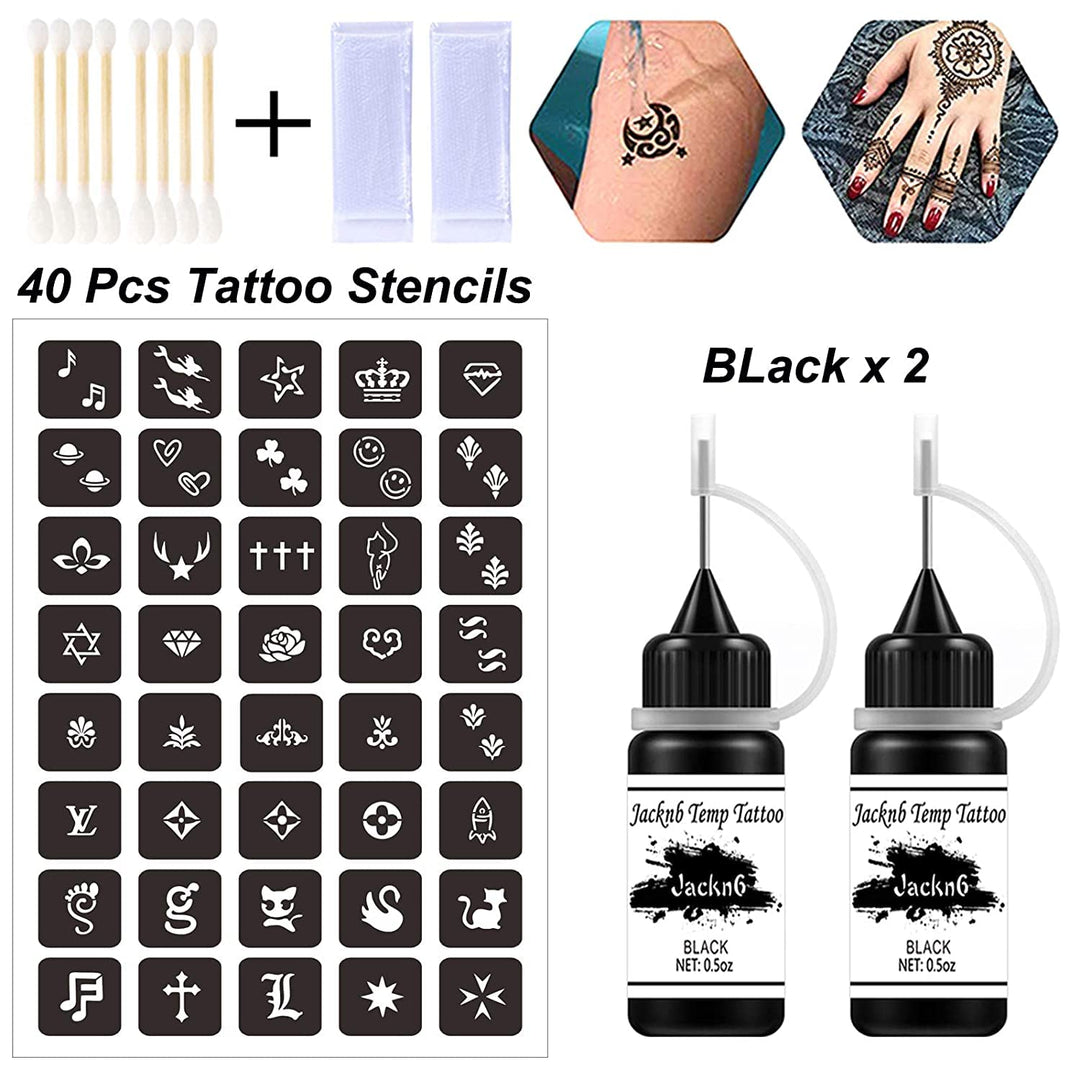 Temporary Tattoo Kit, Semi Permanent Tattoo Jagua Gel Freehand Ink Temp Tattoos for Women Kids Men Body Art Painting DIY Fake Tattoos Freckles 40 Pcs Tattoo Stencils - 2 Bottles (1oz)