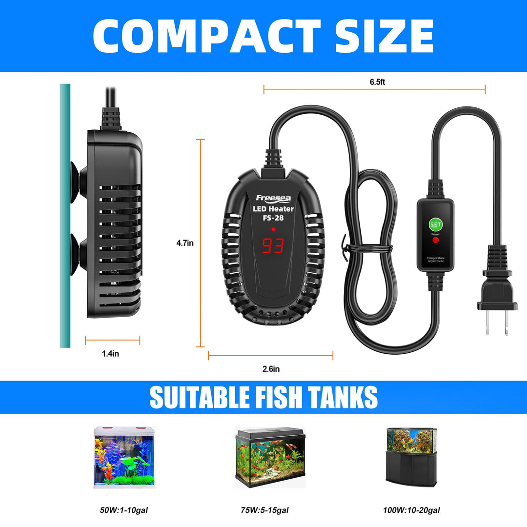 Aquarium Fish Tank Heater: 50W Small Submersible Turtle Heater with Adjustable Temperature External Controller for Betta | Saltwater | Freshwater | 1-10 Gallon