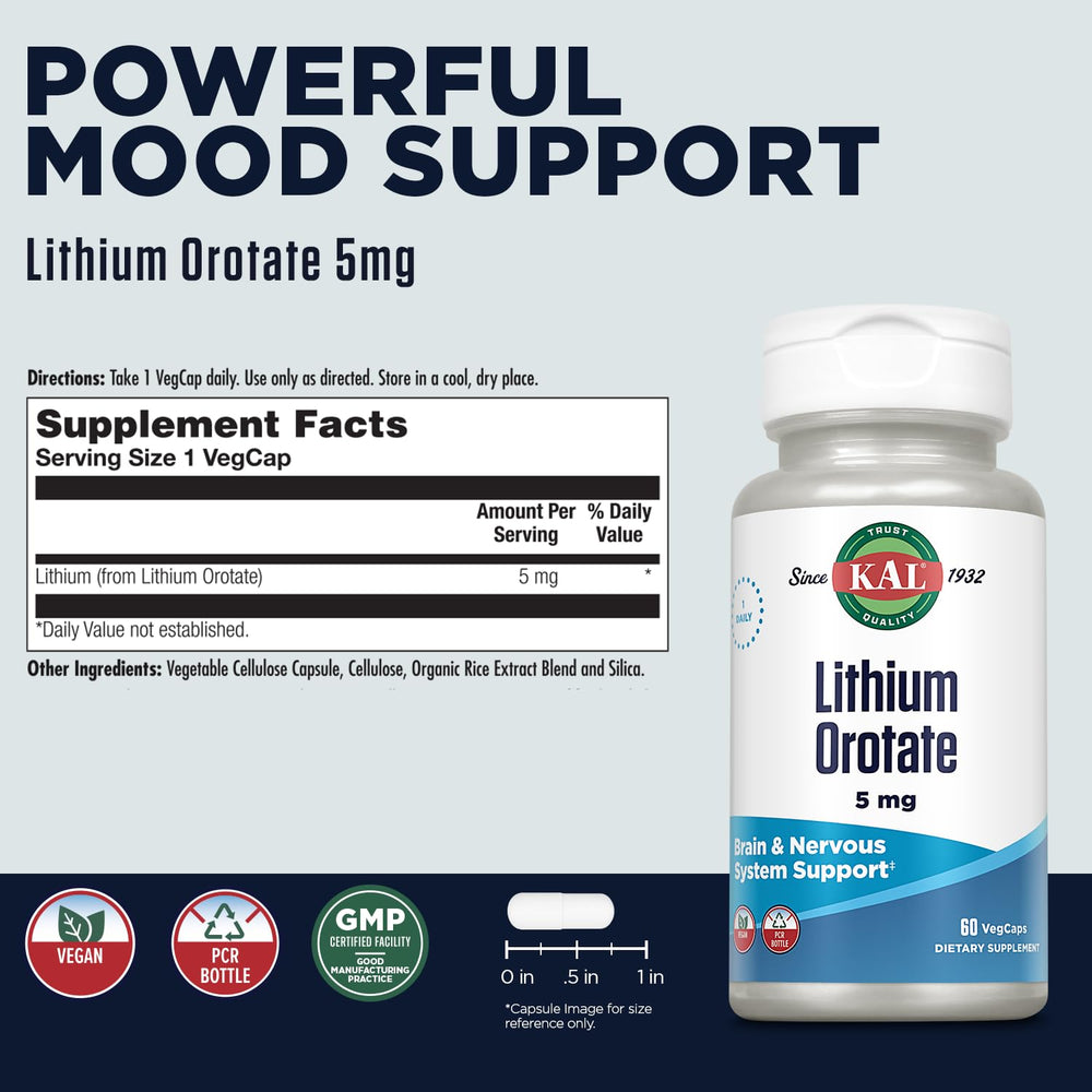 Lithium Orotate 5mg | Low Serving of Chelated Lithium Orotate for Bioavailability & Mood Support | in Organic Rice Bran Extract Base | 60 VegCaps