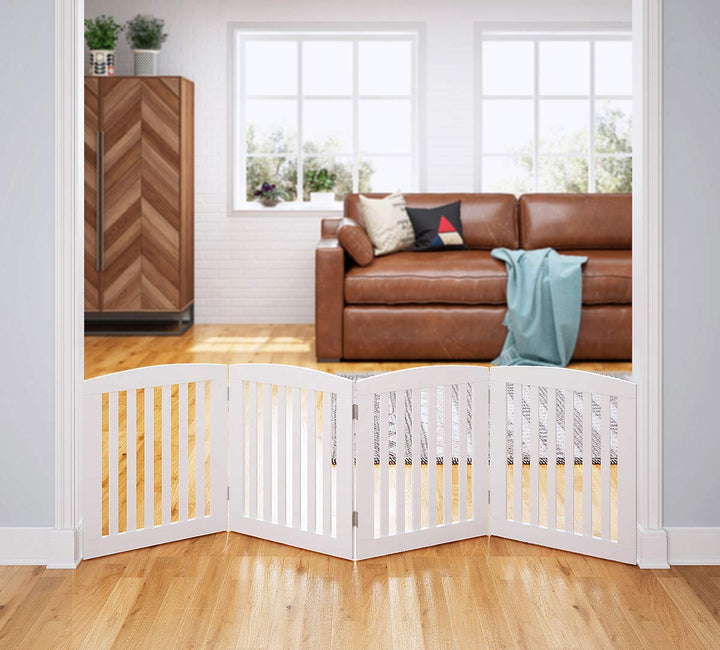 Wooden Freestanding Foldable Pet Gate for Dogs, 24 inch 4 Panels Step Over Fence, Dog Gate for The House, Doorway, Stairs, Extra Wide (White, 24 Height-4 Panels)