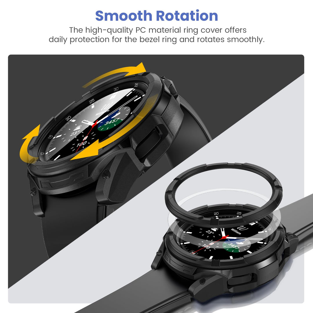 3 in 1 Accessories for Samsung Galaxy Watch 4 46mm, 1 Rugged TPU Armor Bumper Case +2 Tempered Glass Screen Protector Films + 1 Bezel Ring for Galaxy Watch 4 46mm