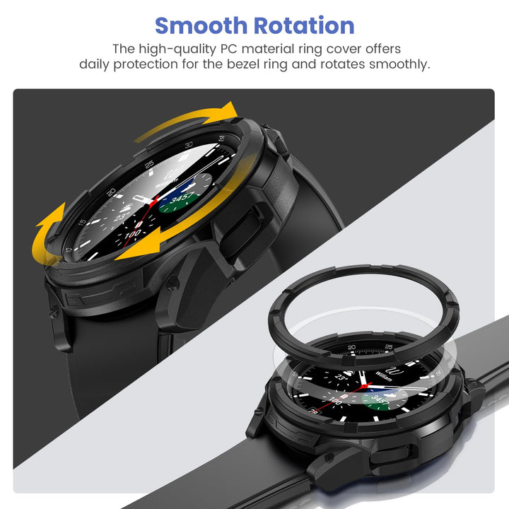 3 in 1 Accessories for Samsung Galaxy Watch 4 46mm, 1 Rugged TPU Armor Bumper Case +2 Tempered Glass Screen Protector Films + 1 Bezel Ring for Galaxy Watch 4 46mm