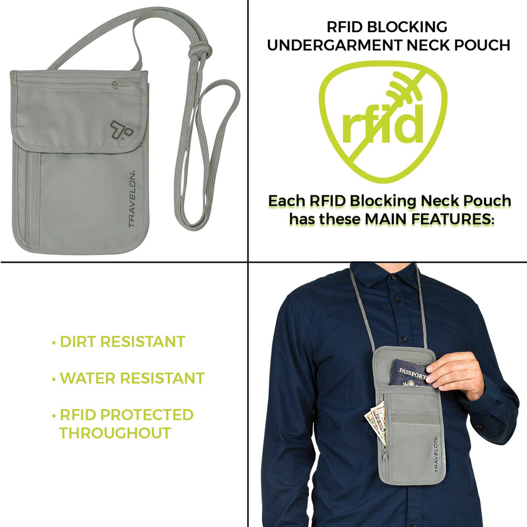 RFID Blocking Undergarment Neck Pouch, Gray, 8 x 5.25 x .125