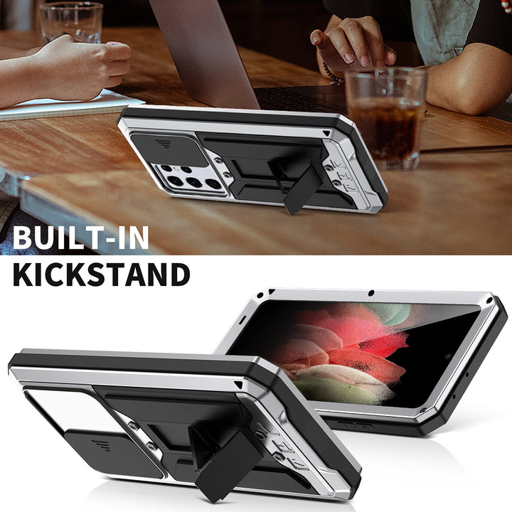 Compatible for Samsung Galaxy S21 Ultra Case, Aluminum Metal Gorilla Glass Shockproof Military Heavy Duty Sturdy Protector Cover Hard Case Silver
