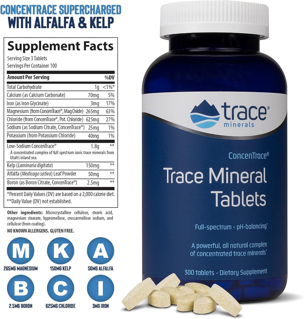 ConcenTrace Trace Mineral Tablets - Supplement for Bone & Joint Support - Aids Hydration & Electrolyte Restoration - 300 Tablets (100 Servings)
