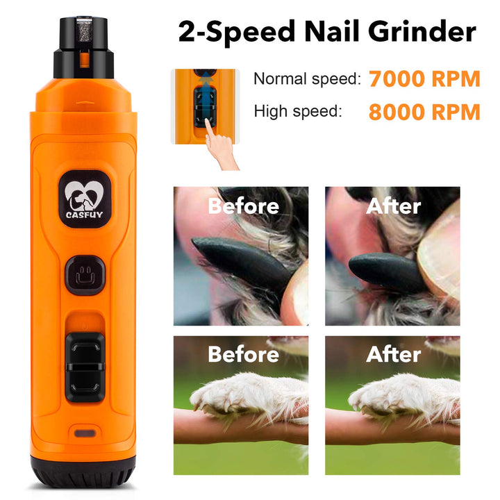 Dog Nail Grinder with 2 LED Light - New Version 2-Speed Powerful Electric Pet Nail Trimmer Professional Quiet Painless Paws Grooming & Smoothing for Small Medium Large Dogs and Cats (Orange)
