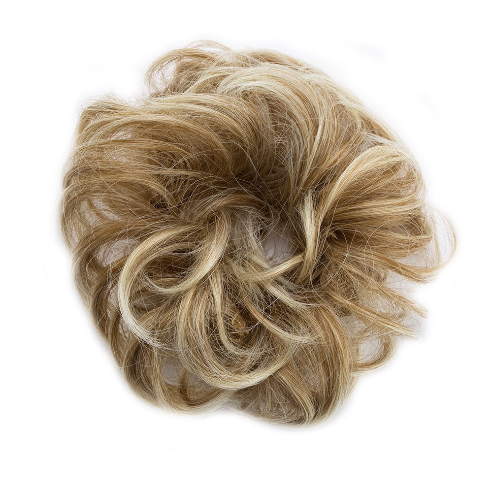 Messy Bun Hair Piece Scrunchy Updo Hair Pieces for Women Fluffy Wavy Hair Bun Scrunchies Donut Hairpiece Synthetic Chignons With Elastic Rubber Band Light Ash Brown to Bleach Blonde 1 pc