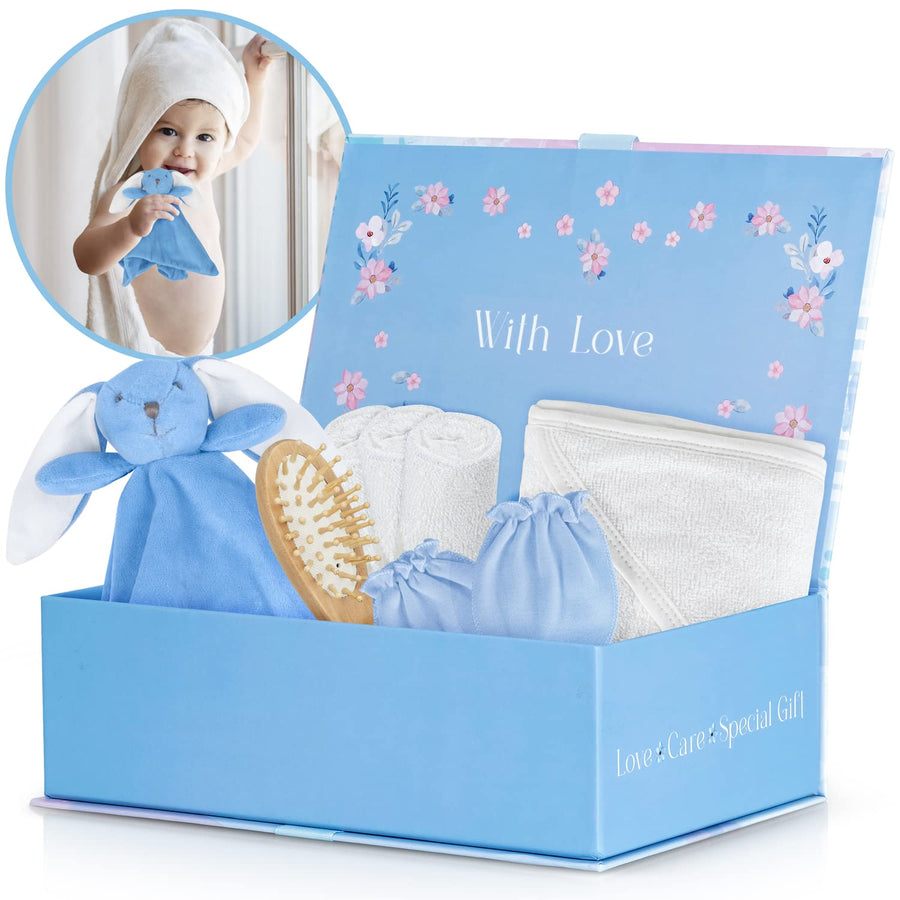 Baby Towels with Hood Newborn Gift Set - Gentle & Soft Baby Bath Towels Hooded w/Washcloths, Mittens, Brush, & Ultra Soft Security Blanket, Infant Hooded Towels for Baby Girl & Boy, Blue