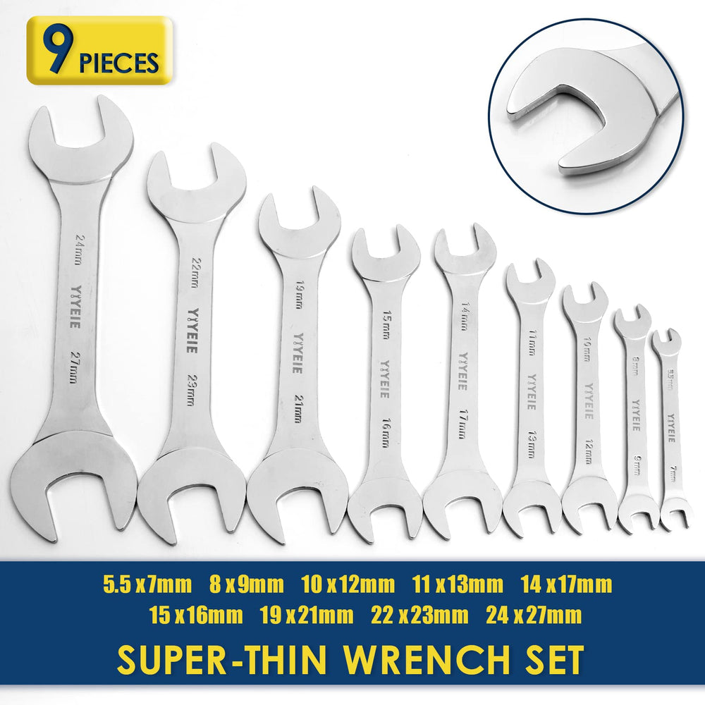 9Pc. Super-Thin Open End Wrench Set, Metric 5.5, 7, 8, 9, 10, 11, 12, 13, 14, 15, 16, 17, 19, 21, 22, 23, 24, 27 mm, CR-V Steel, Ultra-Slim Flat Wrench Set with Roll-up Pouch