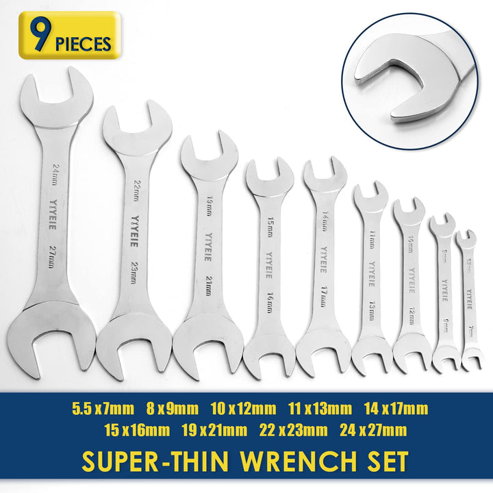 9Pc. Super-Thin Open End Wrench Set, Metric 5.5, 7, 8, 9, 10, 11, 12, 13, 14, 15, 16, 17, 19, 21, 22, 23, 24, 27 mm, CR-V Steel, Ultra-Slim Flat Wrench Set with Roll-up Pouch
