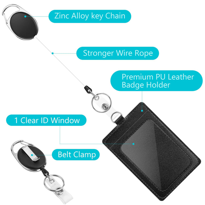 2 Pack Badge Holders, Vertical PU Leather ID Badge Card Holder with Detachable Neck Lanyard Strap and Retractable Badge Reel ID Card Holders Set