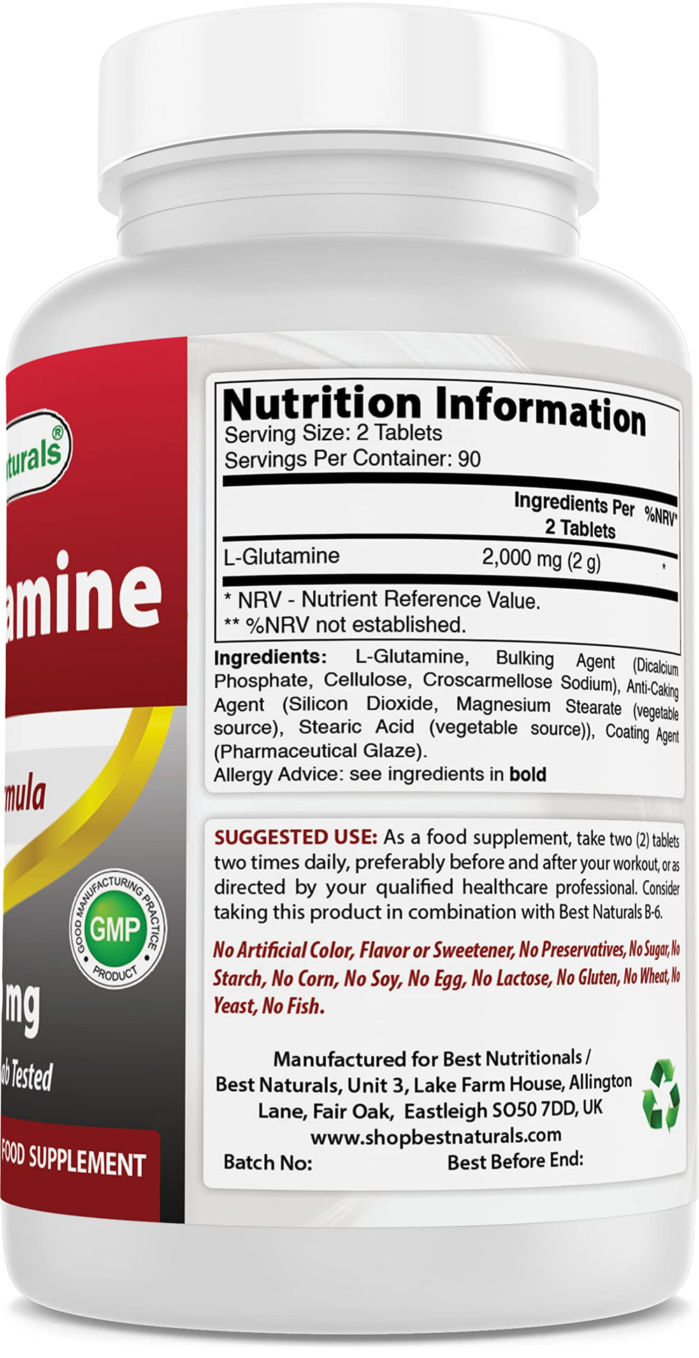 L-Glutamine 1000mg Fuel for Workout (Non-GMO) Tablets, 180 Count