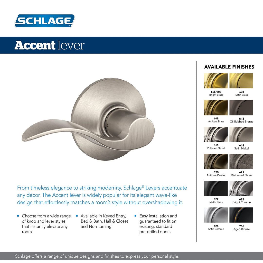 Schlage F170ACC619RH Accent Right Hand Dummy Lever, Satin Nickel